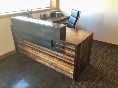 H2 Design Build Custom Receptionist Desk with Steel and Reclaimed Wood