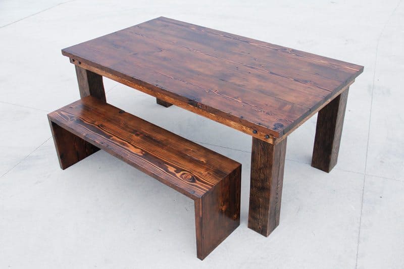 Frederick - Reclaimed Wood Inset Trim Farmhouse Dining Table and Waterfall Bench - Dark Walnut Stain