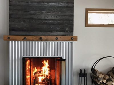 Reclaimed 6x8 Timber Mantel Wrap and Ebony Glaze Paneling with Exposed Hardware - Unstained