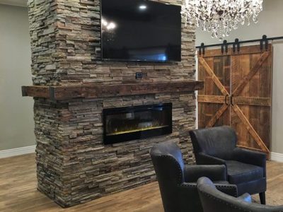 Reclaimed Hand Hewn Timber Wrap Around Mantel and Ceiling Timbers with Metal Accents - Unstained