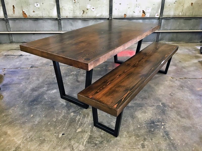Custom Tapered Steel Leg Dining Table and Bench - Dark Walnut