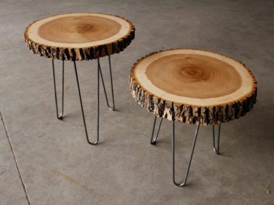 Reclaimed black ash stump end tables live edge with raw steel hairpin legs