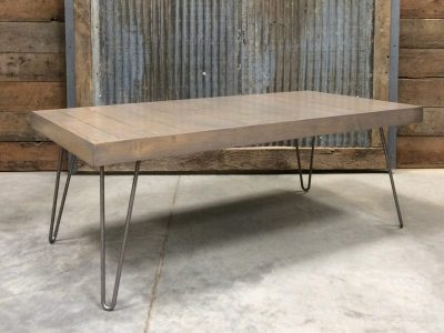 Reclaimed wood flooring coffee table with raw steel hairpin legs stained gray