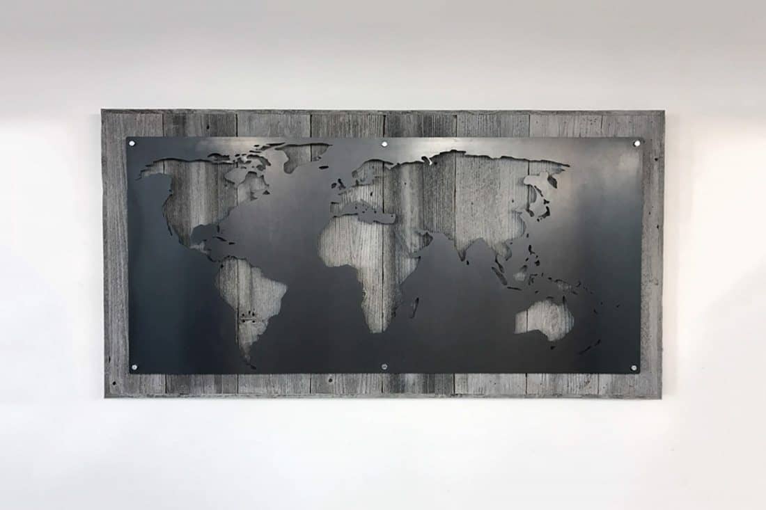 Large Wood and Metal World Map Grain Designs