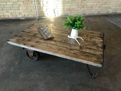 Antique Pallet Wood Coffee Table with Industrial Metal Wheels Castors
