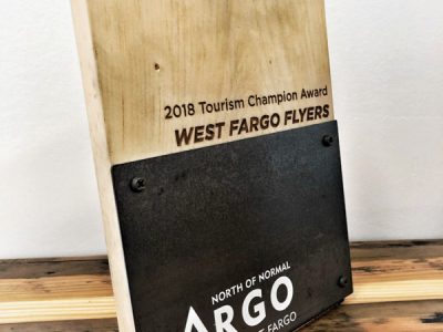 Fargo Moorhead Visitors Bureau Custom Made Metal & Wood Award Detail