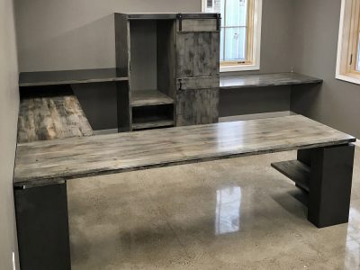 Reclaimed Wood Custom U Shaped Office Desk Sliding Door Steel Industrial Design
