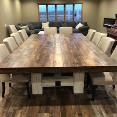 14 Custom - Heavy White Base Farmhouse Dining Table with Dark Reclaimed Wood Table Top