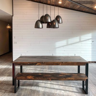 16 Custom - Metal Base Dining Table with Dark Rustic Wood Top