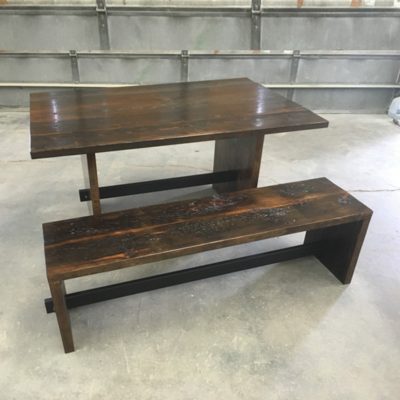 21 Custom - Reclaimed Dark Walnut Wood Pedestal Table and Bench Set with Metal Support