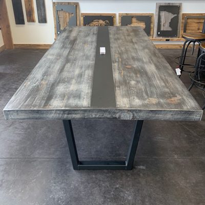 24 Custom - Rustic Grey Wood Table with Metal Accents and Tapered Pedestal Base