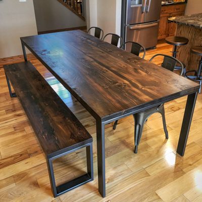 28 Custom Built Metal Four Legged Dining Table and Bench Set Dark Walnut Top