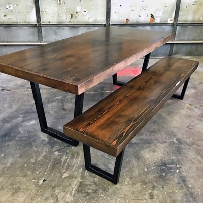 31 Custom Tapered Steel Leg Dining Table and Bench - Dark Walnut