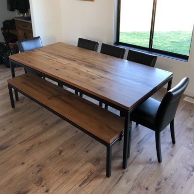 38 Ellie - Reclaimed Wood Parson Dining Table and Bench Set - Light Rustic Wood and Flat Black Powder coated base