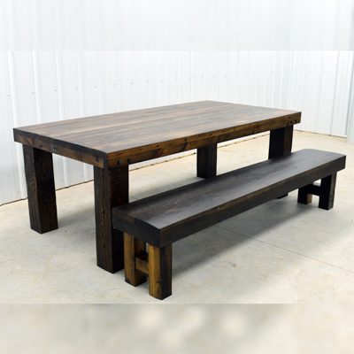 42 Frederick - Farmhouse Reclaimed Wood Dining Table and Bench with Dark Wood Stain