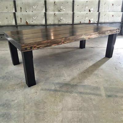 45 Frederick - Reclaimed Wood Farmhouse Dining Table Timber Legs and Exposed Hardware - Ebony Stain