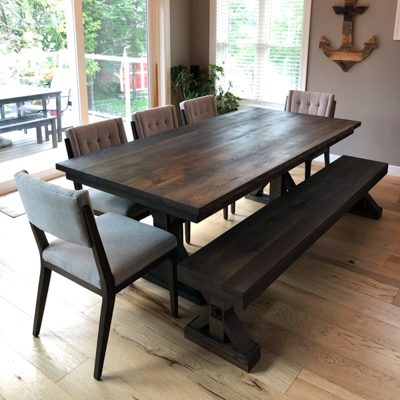 52 Trestle - Rustic Oak Dark Wood Dining Room Table with Wood Pedestal Style Base and Bench