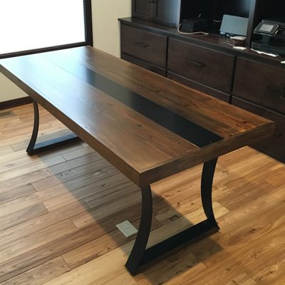 8 Custom - Bent Steel and Reclaimed Wood Desk or Dining Table with Inlaid Steel Center Strip - Dark Walnut Stain