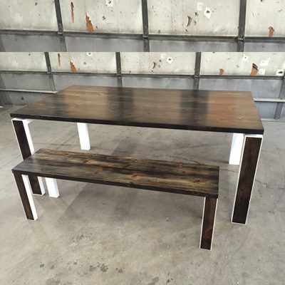 9 Custom - Black and White Modern Rustic Wood Dining Table and Bench Set with White Steel Legs and Inset Wood - Ebony Stain